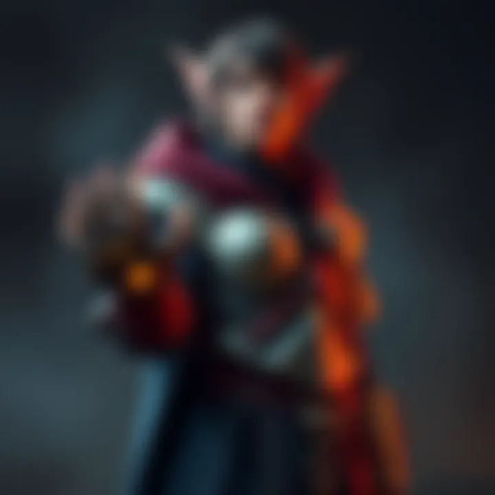 A tiefling rogue with a prosthetic hand, dressed in a mix of rogue and paladin armor, stands confidently with a determined look, showcasing the intricate design of the hand.