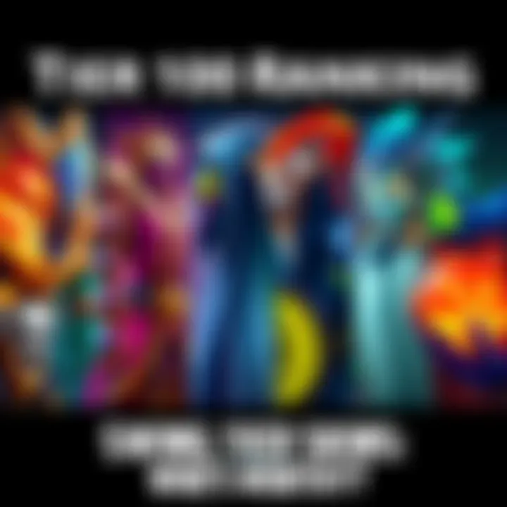 A colorful tier list showcasing various Tier 100 skins, highlighting their designs and appeal.