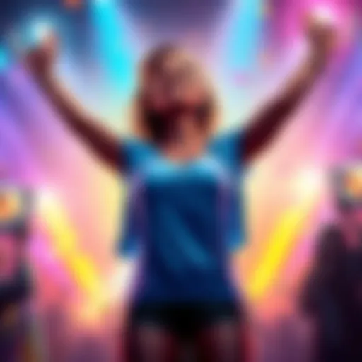 Tiffany stands triumphantly in a colorful backdrop with game elements from High On Life, symbolizing the connection to Pride.