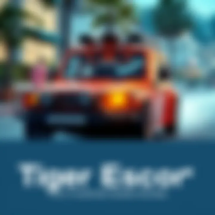 A fun scene from Tiger Escort gameplay showing a vibrant vehicle decorated with tiger stripes, showcasing engaging action and humor.