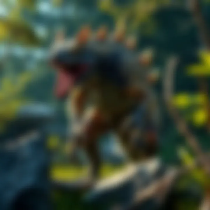 A fierce Tigrex monster showcasing its powerful stance in a lush environment, surrounded by trees and rocks, representing its role in the ecosystem.