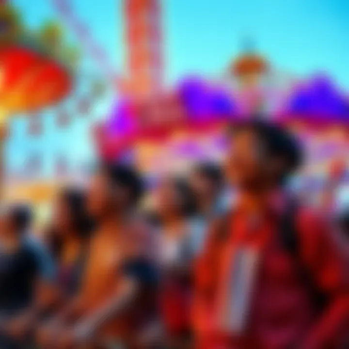 Visitors happily engaging in tilt queuing at an amusement park, surrounded by colorful rides and attractions.