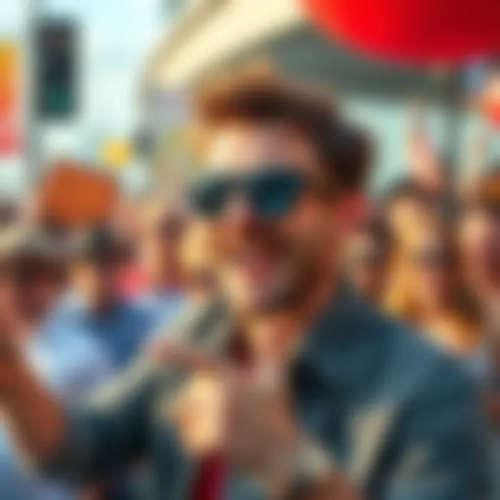 Tim enthusiastically pitching sunglasses that double as a portable screen, with a mixed crowd reacting around him.