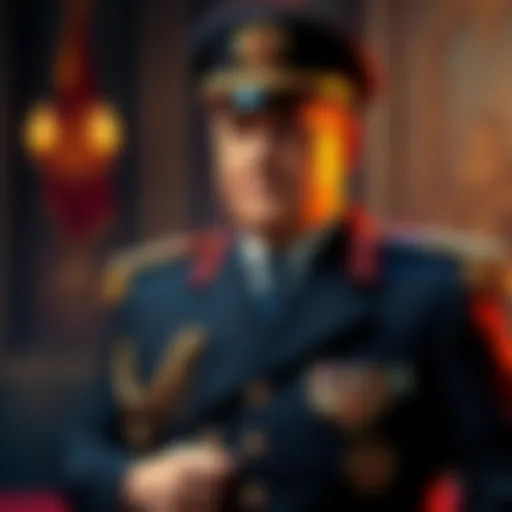 Tim Curry portraying Premier Cherdenko in a classic military uniform, exuding charisma
