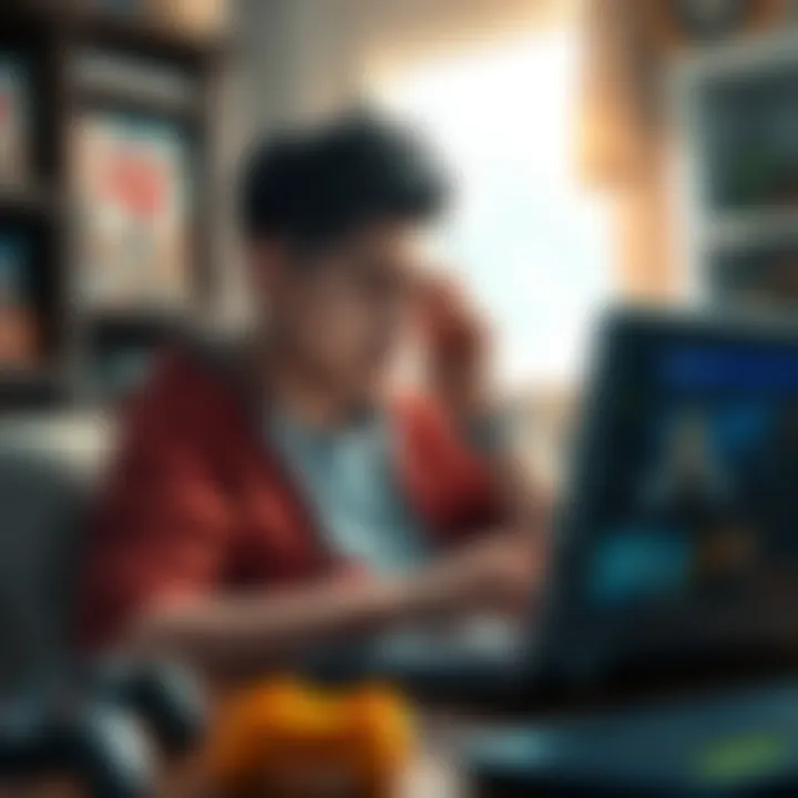 Tim Searching for FFVII Rebirth Stream A gamer looking worried while searching for a stream link on a laptop, surrounded by gaming memorabilia.