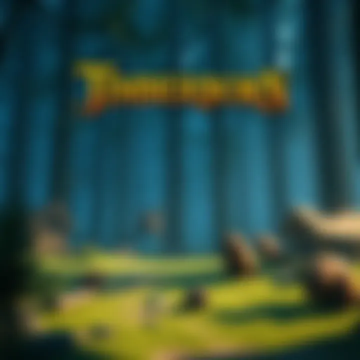 A scene showing a lush forest with wooden structures and beavers, showcasing the world of Timberborn.