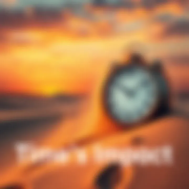 A clock with flowing sands and a sunset in the background, symbolizing the passage of time and its effects on reality.