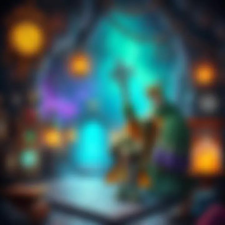 Time travel dungeon scene A vibrant dungeon filled with time travel elements, featuring frog magic and peacock knights in a fantasy setting.