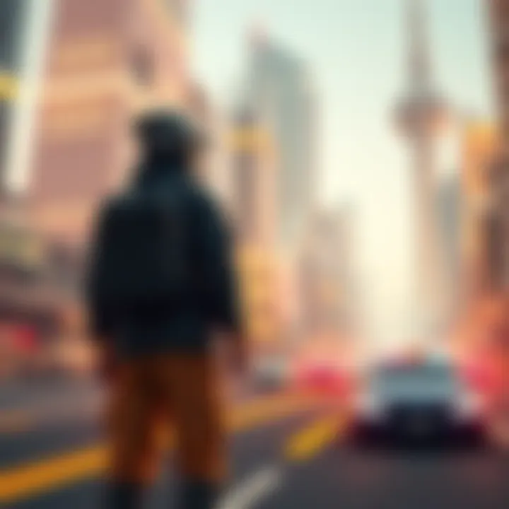 A person dressed in futuristic clothing stands in a bright, advanced city with flying cars and glowing buildings, suggesting time travel from the future.