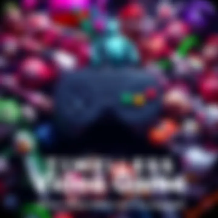 A classic video game controller surrounded by various iconic game characters from different generations.