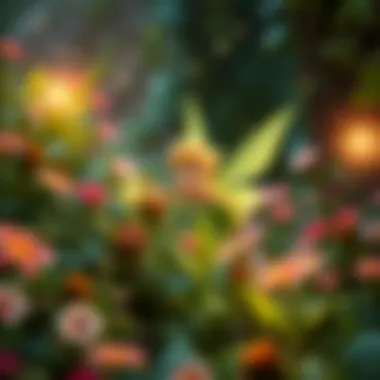 Tinker Bell, a small fairy with green wings, flutters in a vibrant garden filled with flowers and sparkling light