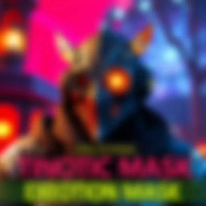 A character wearing the Tinkerer exotic mask in a game environment, showcasing its unique design against a colorful backdrop