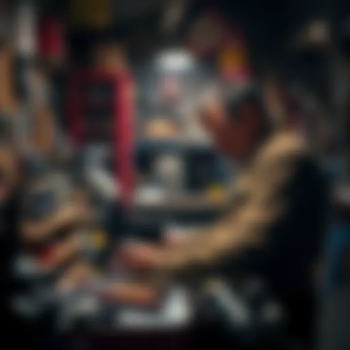 A person in a workshop focused on crafting a prototype weapon, surrounded by tools and parts.