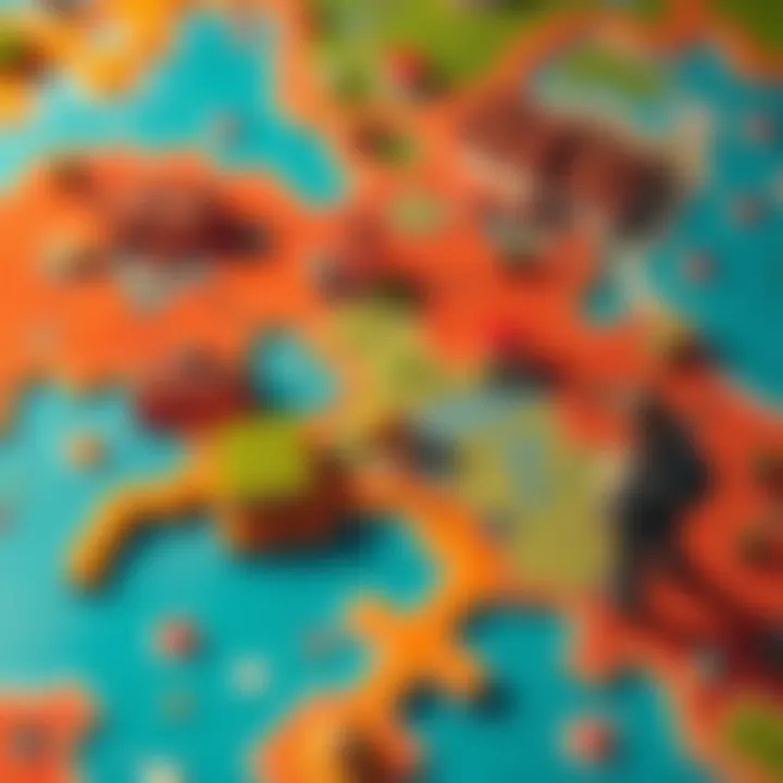 Tiny character disappearing on game map A small character vanishing from a colorful game map, with intrigued players discussing nearby.