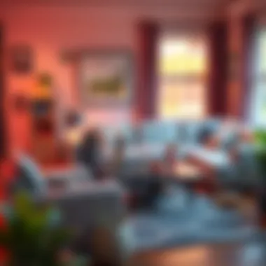 Tiny characters in a living room setting Miniature figures from video games explore a real living room with everyday objects like a sofa and coffee table.
