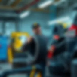 A tire technician laughs as they correct a tire mounted incorrectly, holding a tire and pointing to its improper orientation, surrounded by tools and tires in a workshop setting.