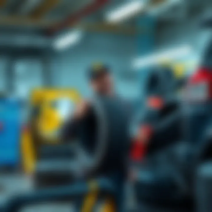 A tire technician laughs as they correct a tire mounted incorrectly, holding a tire and pointing to its improper orientation, surrounded by tools and tires in a workshop setting.