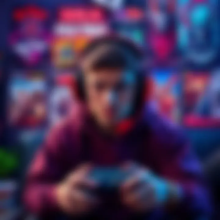 A person looking exhausted while playing video games, with headphones on and a controller in hand, surrounded by game posters and snacks.