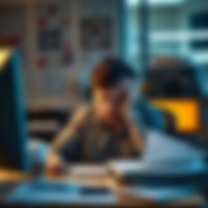 Tired employee at desk A person looking exhausted at their workstation, surrounded by paperwork and a coffee cup.
