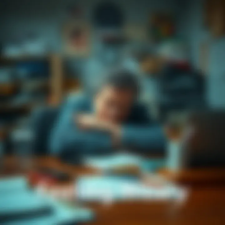 A weary person resting their head on their arms at a cluttered desk, looking exhausted
