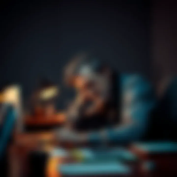 Person at desk looking tired A tired person at their workspace, resting their head on their hand, showing signs of illness and longing for home.