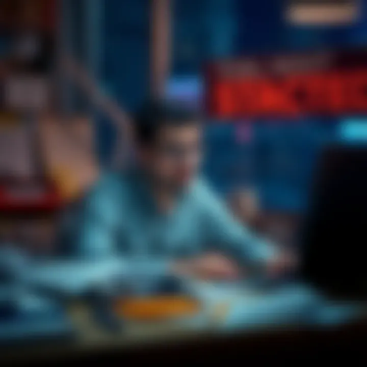 A person with dark circles under their eyes, sitting at a desk cluttered with papers and a laptop, reflecting on their late-night work