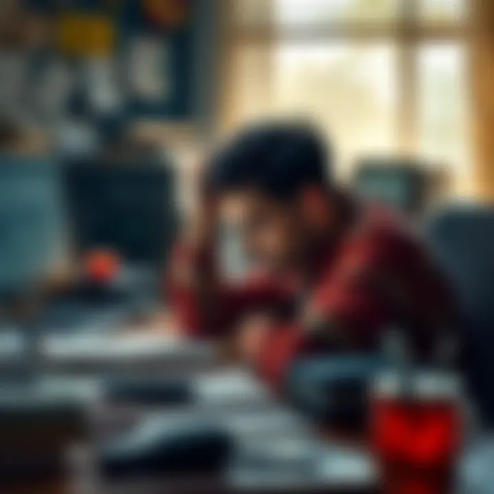A weary person sits at a cluttered desk with their head resting on their hand, showing signs of exhaustion after a long day.