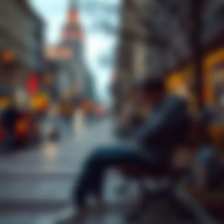 A person sitting alone on a park bench, looking weary with their head resting on one hand, surrounded by busy city life.