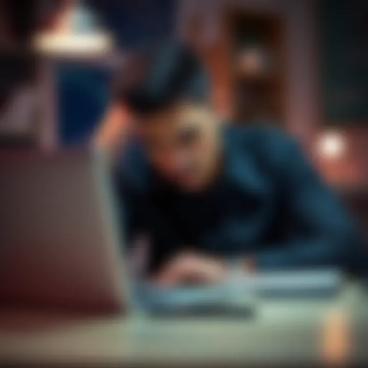 A tired person sitting at a desk with their head resting on one hand, looking frustrated while trying to work on a laptop