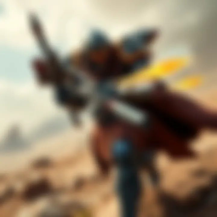 A Titan character equipped with Diamond Lances and a rocket launcher, ready for battle on a new land terrain.