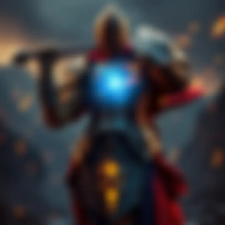 A Titan warrior in ornate armor recalling a glowing throwing hammer with magical effects in a fantasy landscape