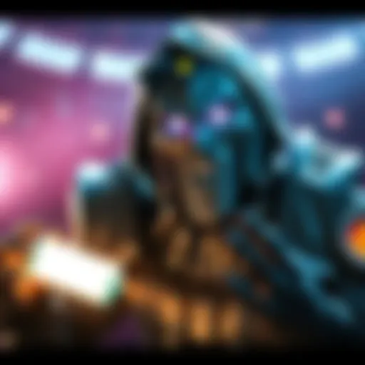 A giant Titan character in a video game, appearing surprised and grateful after receiving a battery, with a battery symbol glowing nearby.