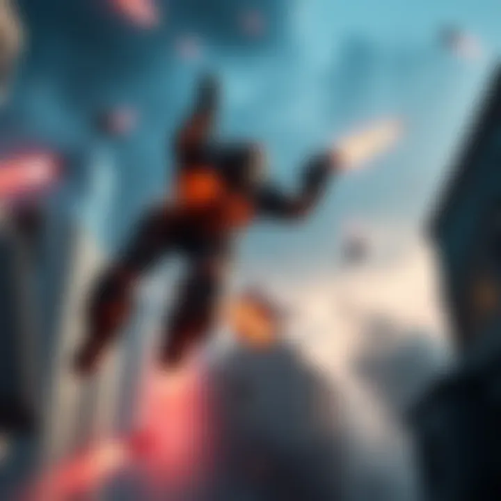 A dynamic scene from Titanfall 2 showcasing a Titan fighting on an urban battlefield with pilots jumping between buildings.