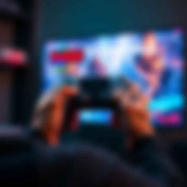 A gamer holding a PS5 controller while playing Titanfall 2, showcasing the game interface on screen