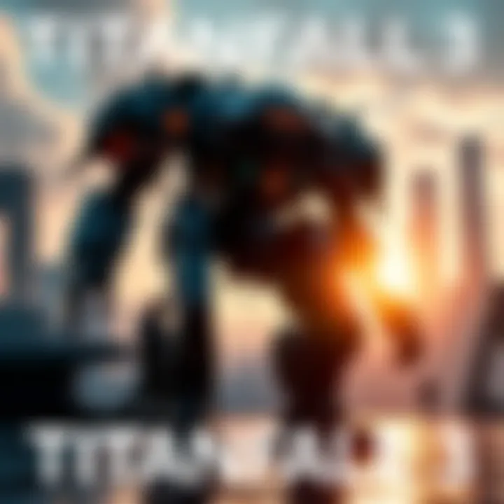 A digital artwork showing a giant mech from Titanfall standing in a futuristic city with a sunset in the background