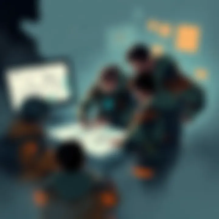 Titanfall community game concept art Artwork depicting a group of Titanfall fans collaborating on game design. They are surrounded by sketches and digital screens showcasing ideas for their version of Titanfall 3.