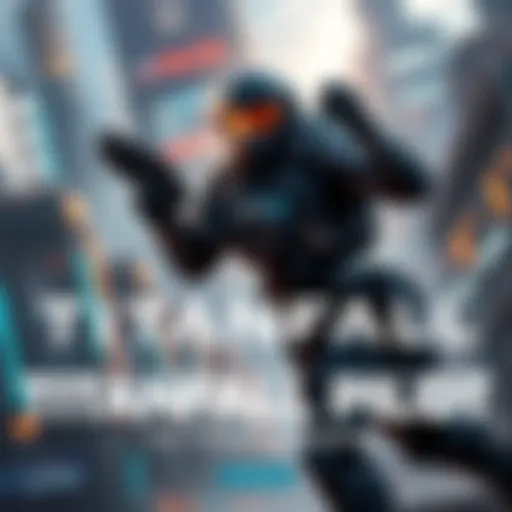 A Titanfall Pilot character in a dynamic pose, showcasing advanced armor and gear, with a futuristic city background.