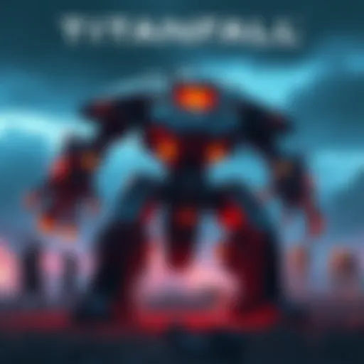 A powerful Titan mech standing in a battlefield with glowing core energy.