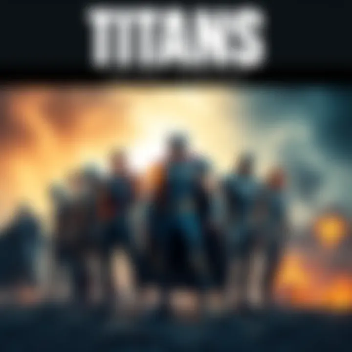 A group of powerful figures standing united, symbolizing strength and collaboration, with a dynamic background representing competition.