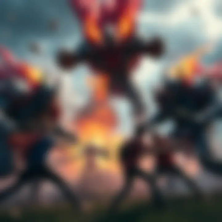 Titans attacking players Three titans launching a fierce attack on players in a chaotic game scene