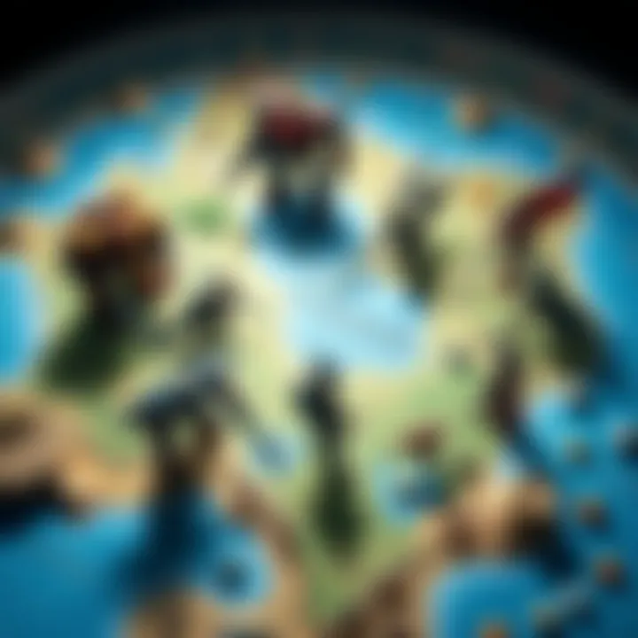 Titans on Map Various titans positioned on a strategic map, highlighting different terrains and battle zones.