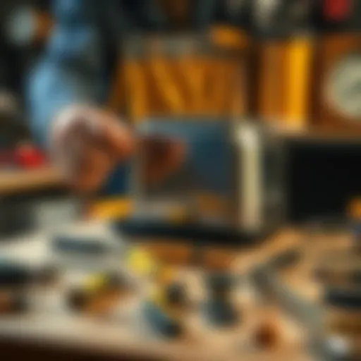 A repair man holds a toaster in one hand while tools are spread out on a table, showcasing the tools needed for toaster maintenance and repair.