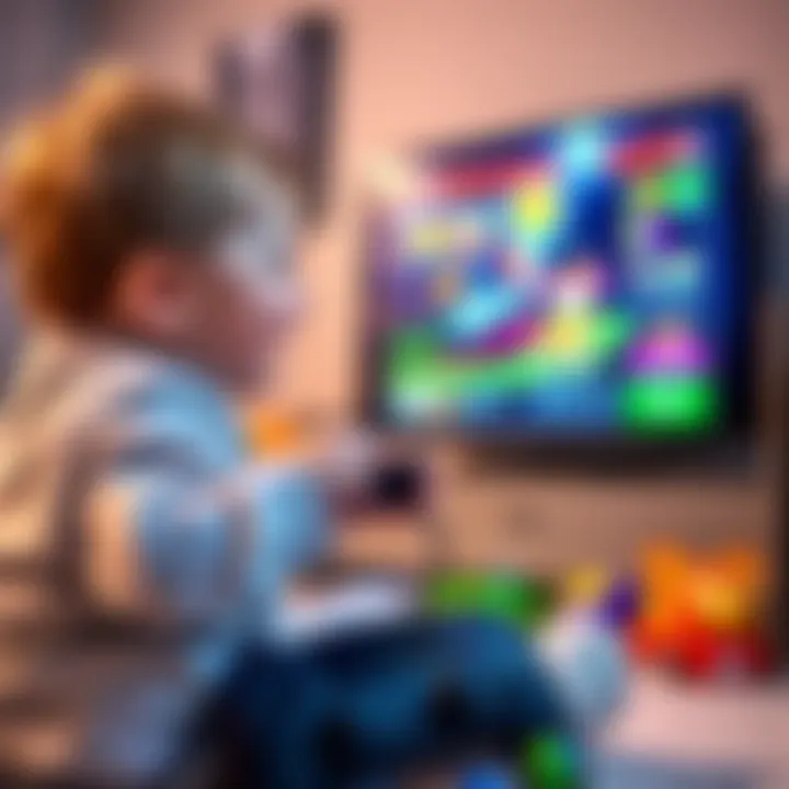 A young child happily using a small PS5 controller while playing a video game on a TV screen, surrounded by colorful toys.