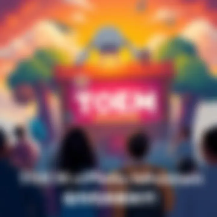 TOEM Photo Adventure Giveaway A colorful illustration showing people sharing their joyful and sad moments in a comment section, with a backdrop of the TOEM game, featuring whimsical elements like trees and clouds.