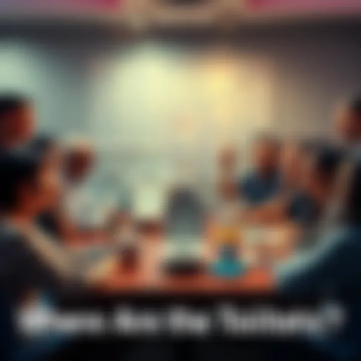 Toilet Humor Discussion People gathered around a table with toilets in the center, laughing and sharing theories about where toilets have gone, with one person animatedly pointing towards a chart with humorous notes.