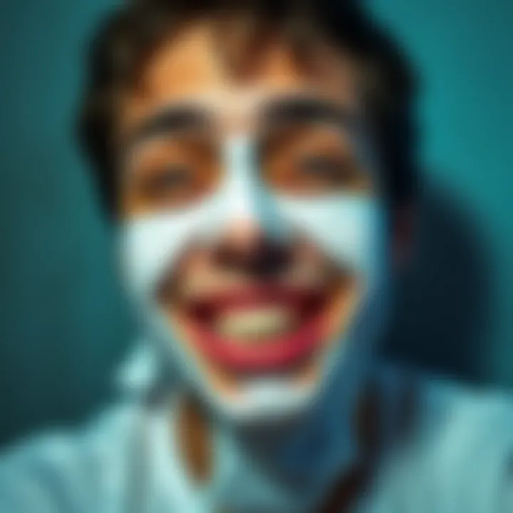 A person with toilet paper glued to their face, smiling and laughing in a playful moment