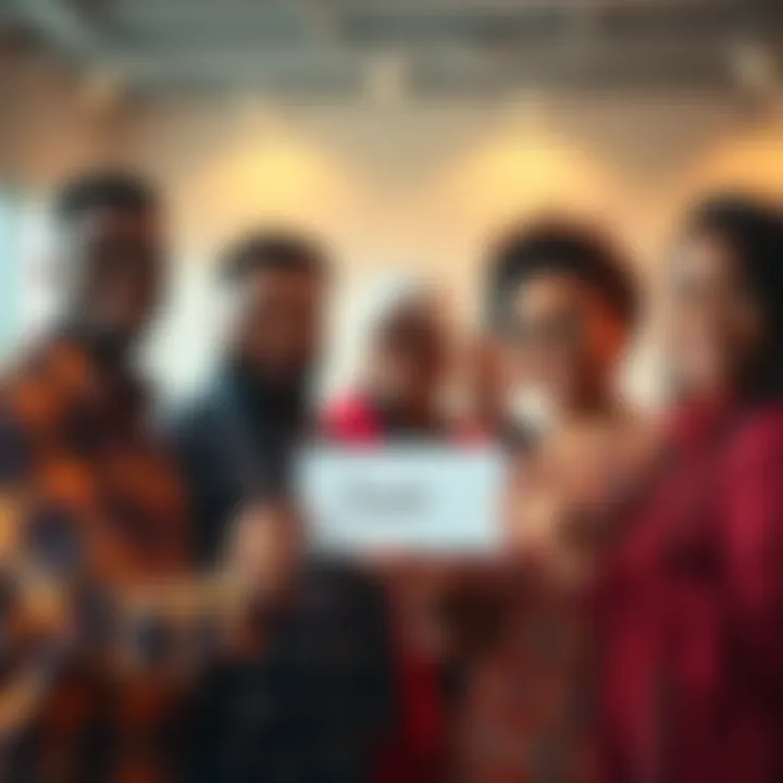 A group of diverse community members holding a thank you card, smiling and showing appreciation for each other's contributions.