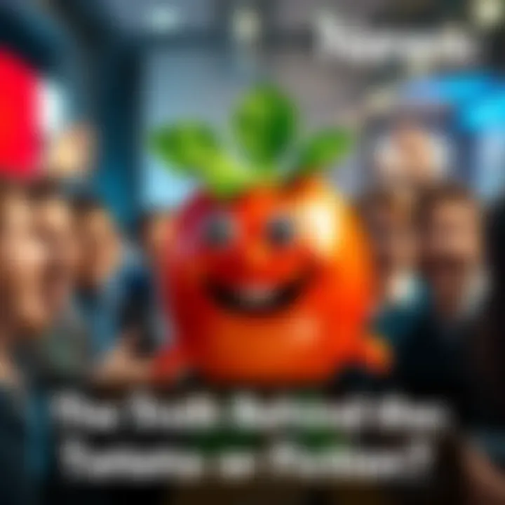 A cartoon character resembling a tomato with a happy expression and a green leafy hat, surrounded by excited people discussing it.