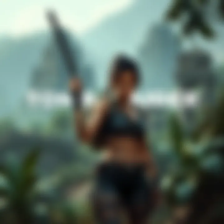 Lara Croft exploring a jungle with ancient ruins in the background