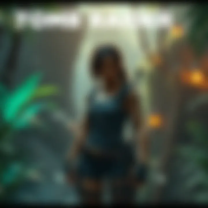 A Tomb Raider character stands in a vibrant, detailed jungle setting with interactive elements around her.